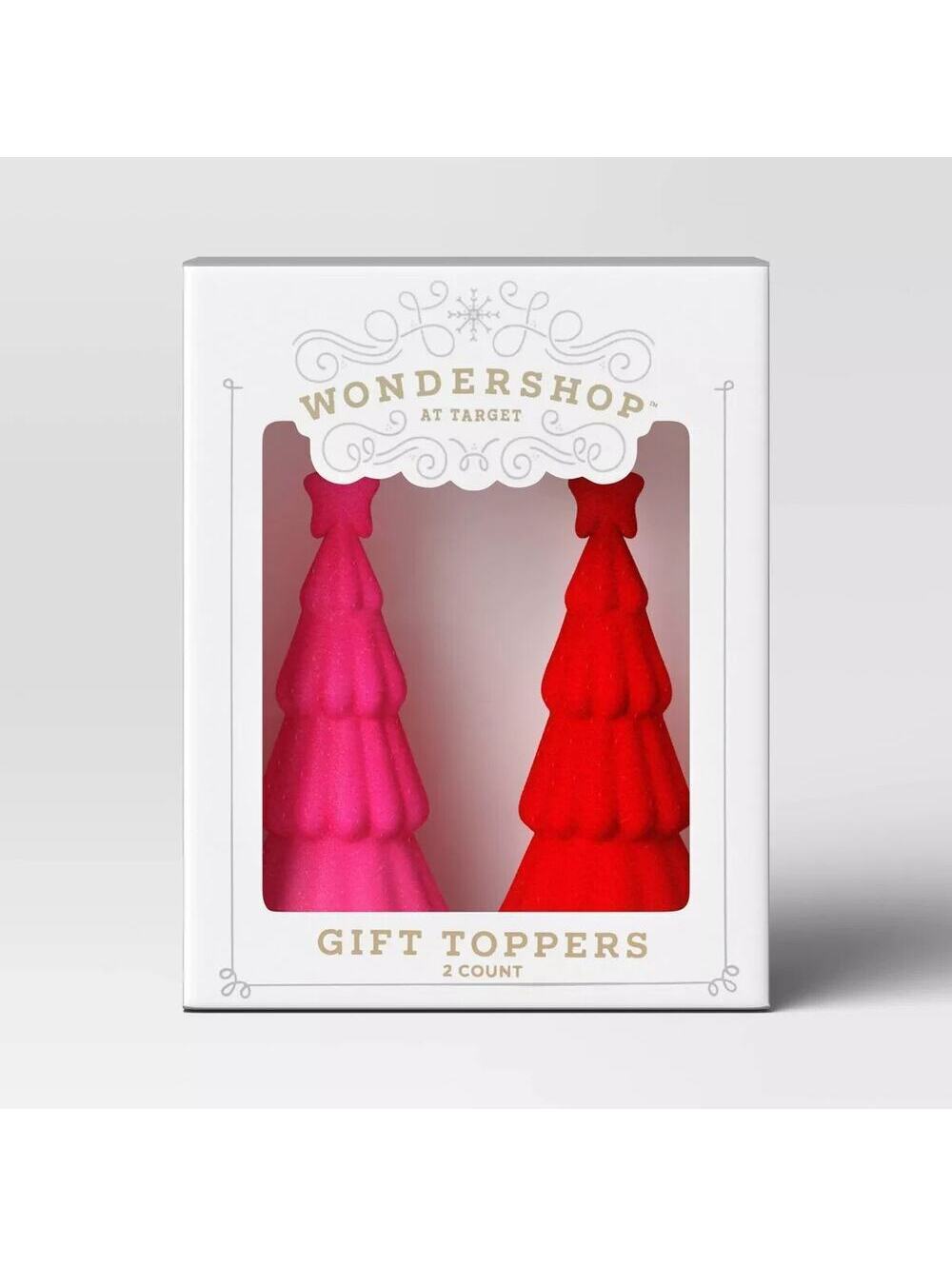 Wondershop NIB Christmas Flocked Tree Gift Toppers 2 Count Pink Red